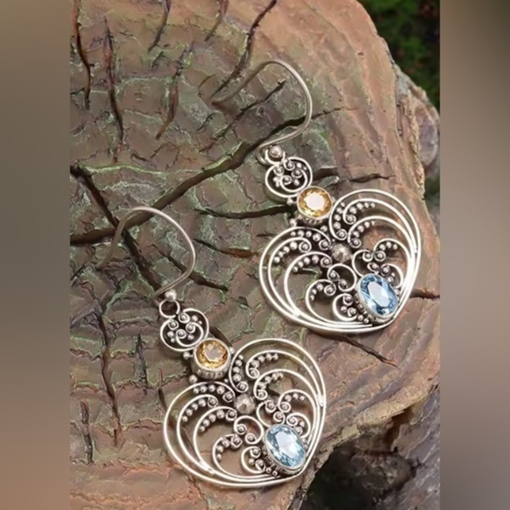 New Silver Filigree Dangle Earrings with Blue Topaz and Citrine Stones